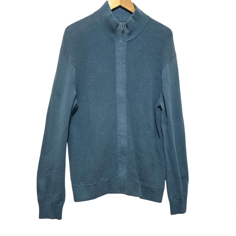 Banana Republic Men Full Zip Sweater L Blue Waffle Knit Cotton Minimalist Modern